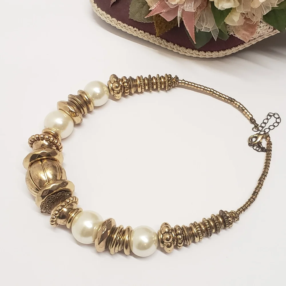 Vintage Gold Tone Metal & Faux Pearl Statement Necklace - Picture 10 of 12